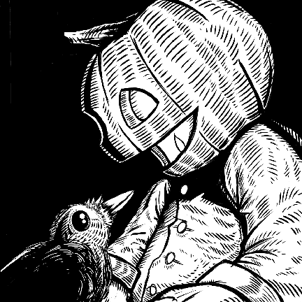 An image of a raven looking at a jack-o-lantern